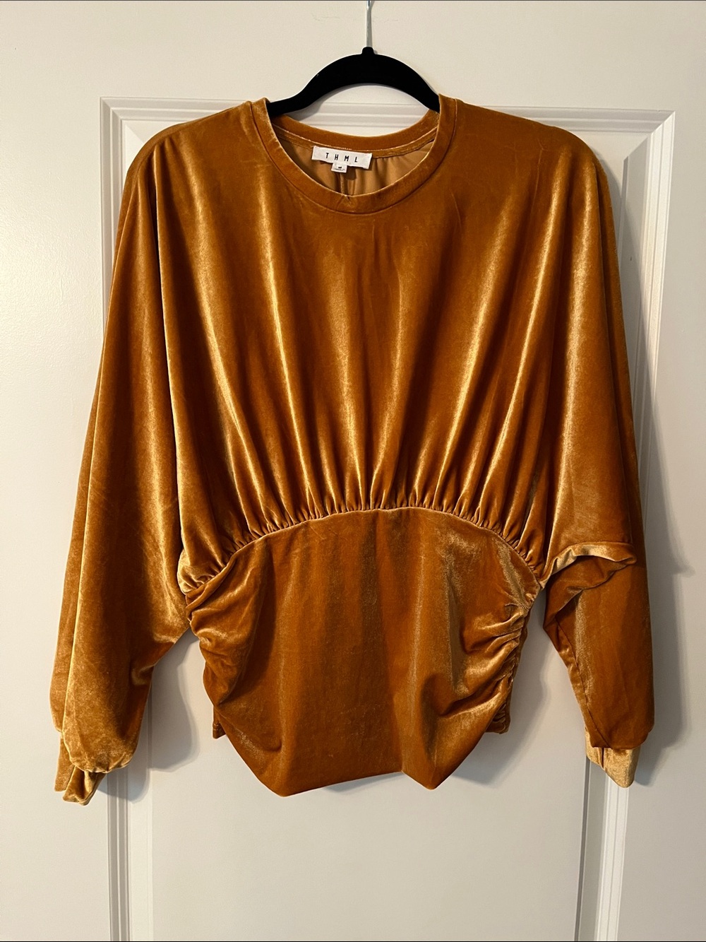 THML Velvet Blouse with Ruched Waist and Balloon Sleeves in Mustard Gold (M)